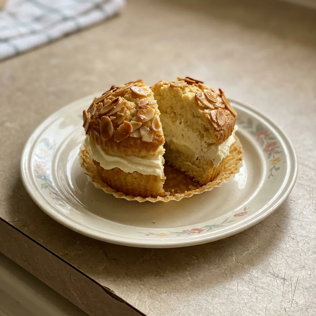Overhead shot of a muffin topped with sliced almonds and a drizzle of honey, with vanilla pudding visible inside.