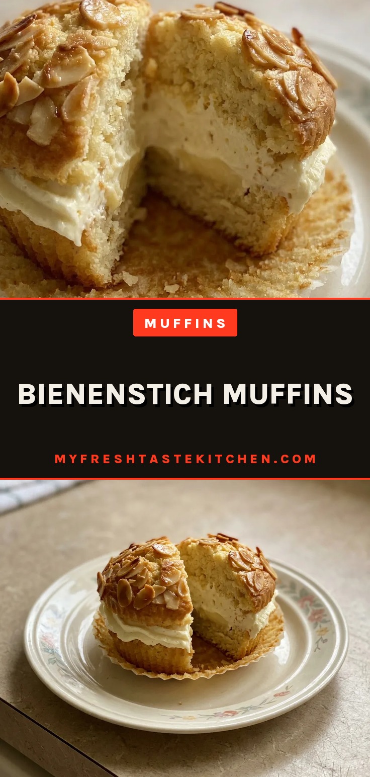 Overhead shot of a muffin topped with sliced almonds and a drizzle of honey, with vanilla pudding visible inside.