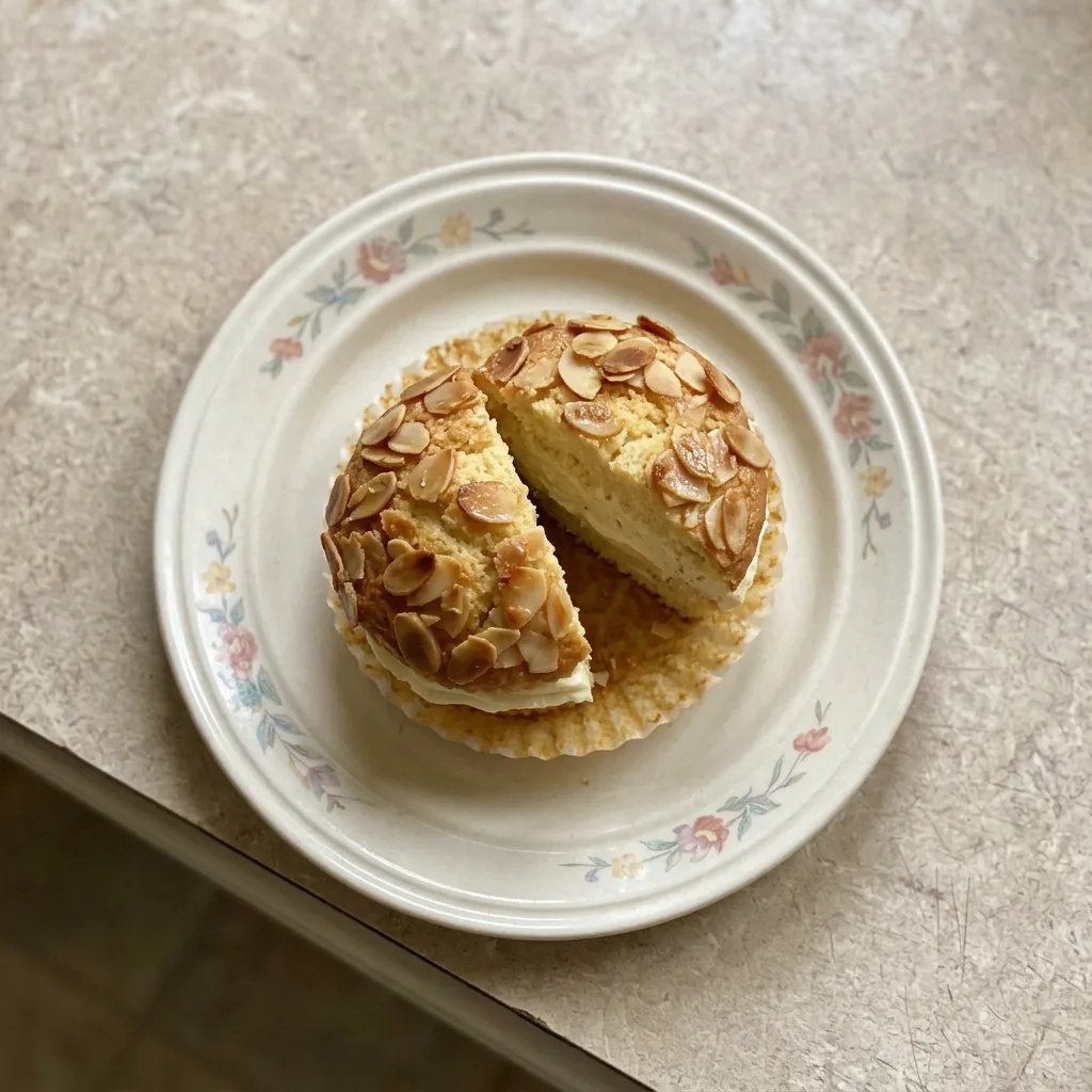 Plated muffin with a creamy vanilla pudding center, sour cream topping, and honey-drizzled almonds.