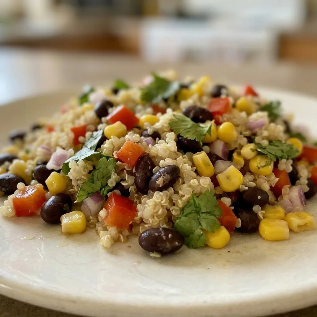 Close view of quinoa salad with black beans, corn, red bell pepper, and red onion, garnished with cilantro.