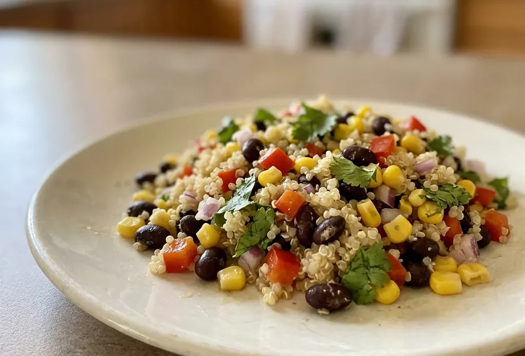 Overhead shot of quinoa salad with black beans, corn, lime wedges, and cilantro on top.