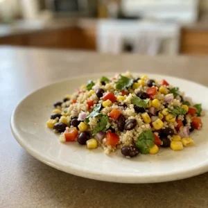 Overhead shot of quinoa salad with black beans, corn, lime wedges, and cilantro on top.