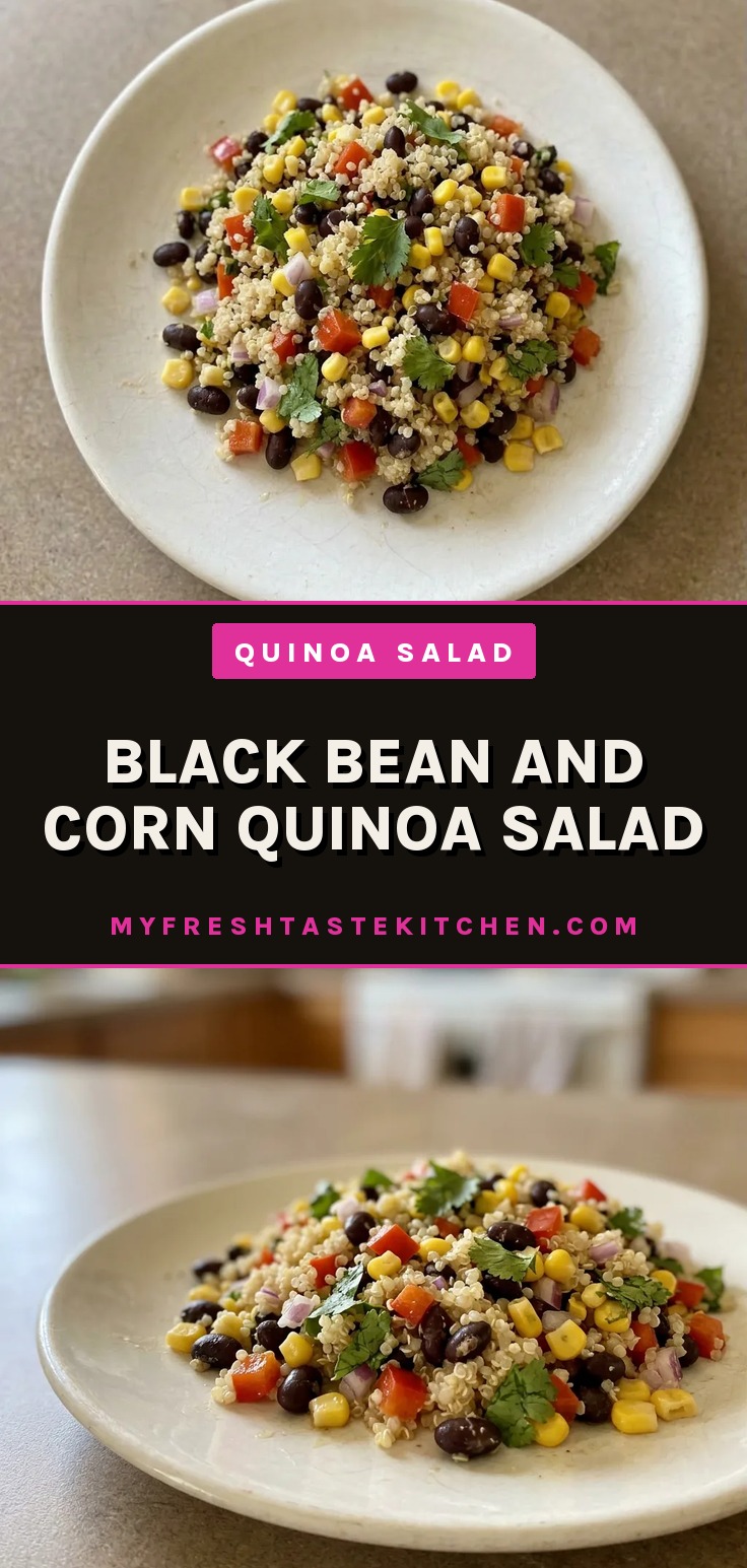 Overhead shot of quinoa salad with black beans, corn, lime wedges, and cilantro on top.