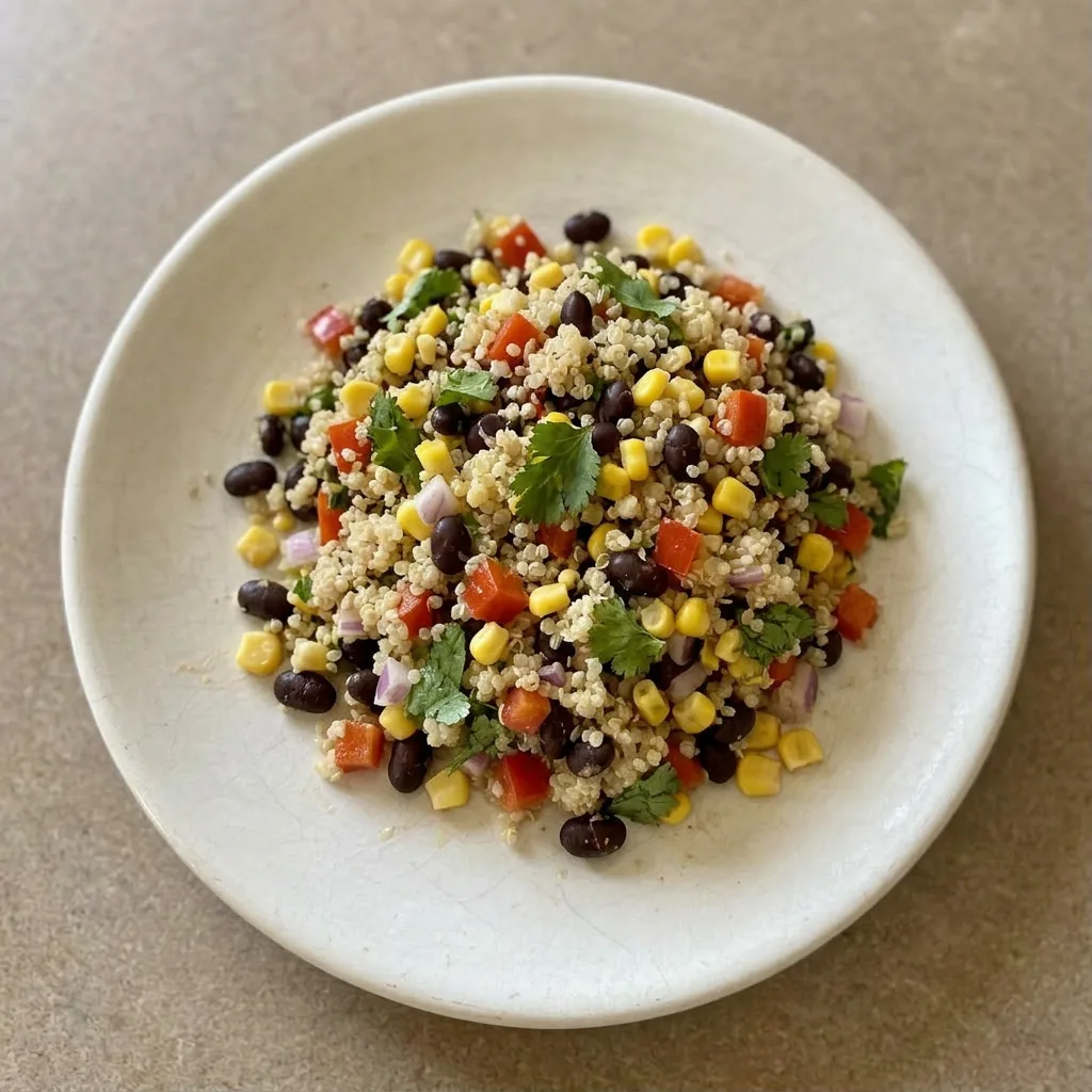 Plated quinoa salad with black beans, corn, red bell pepper, red onion, and lime wedges, topped with cilantro.