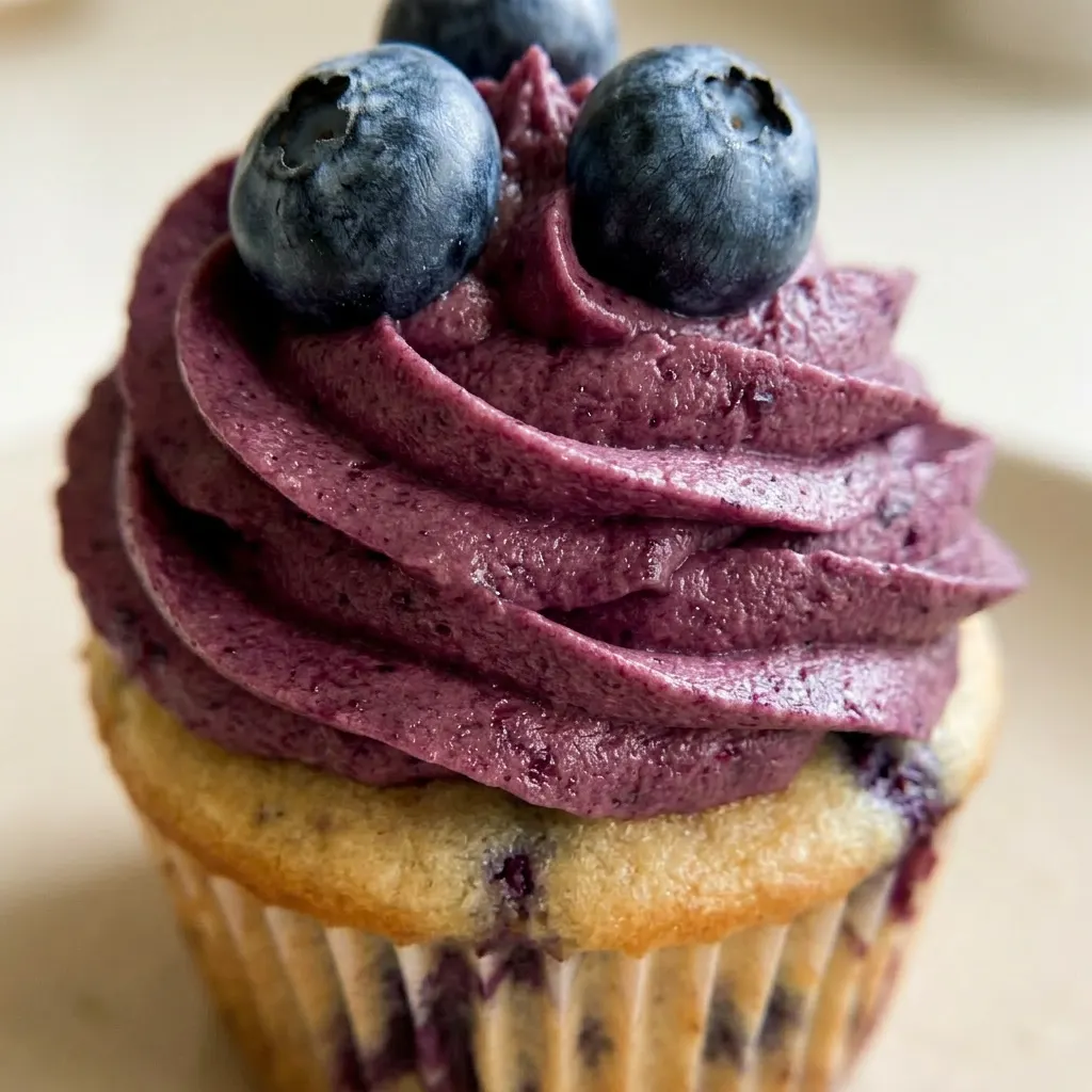 Up close, a blueberry cupcake with swirls of lemon-vanilla buttercream, dotted with sour cream in the batter and fresh blueberries on top.