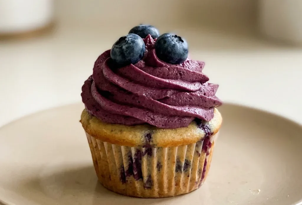 Looking down at three blueberry cupcakes on a white plate, each topped with vanilla buttercream and a single blueberry.