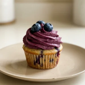 Looking down at three blueberry cupcakes on a white plate, each topped with vanilla buttercream and a single blueberry.