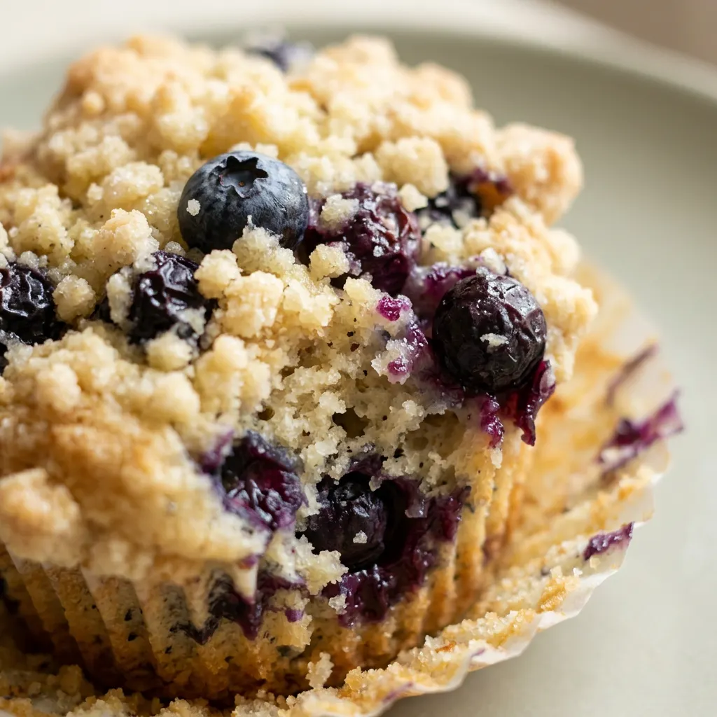Zoomed in on a muffin top with visible blueberries, a tender crumb, and a light butter sheen.