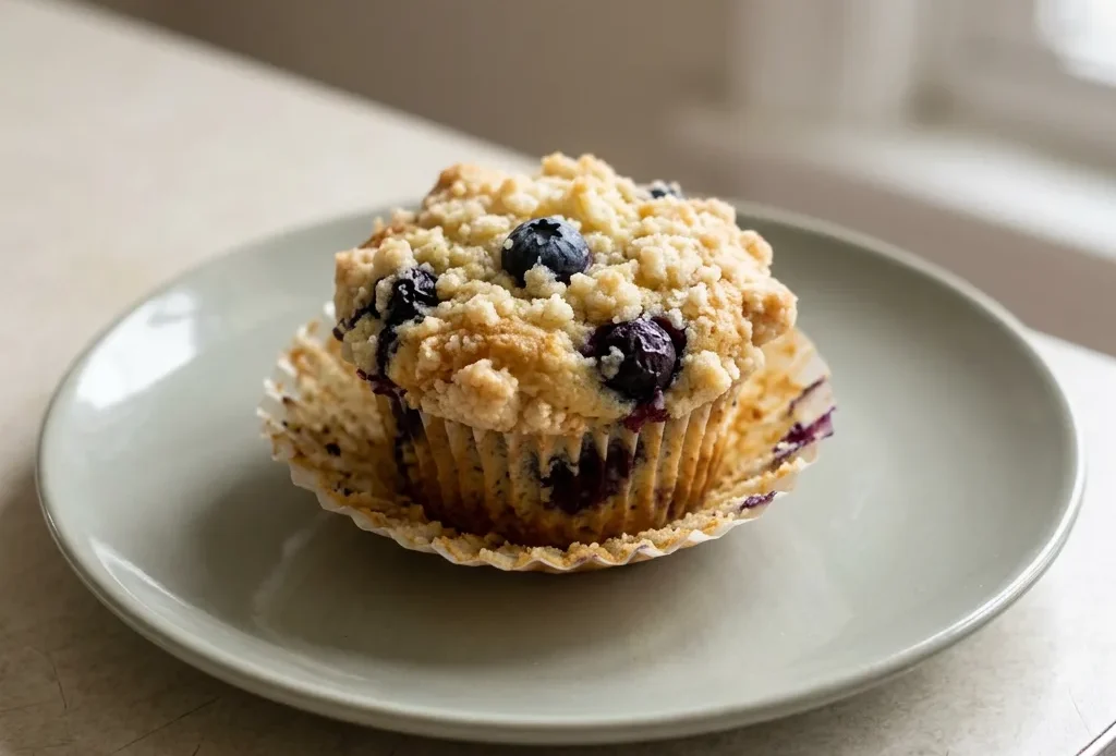 Bird's-eye view of a golden muffin with blueberries full through the top, sitting on a white plate.