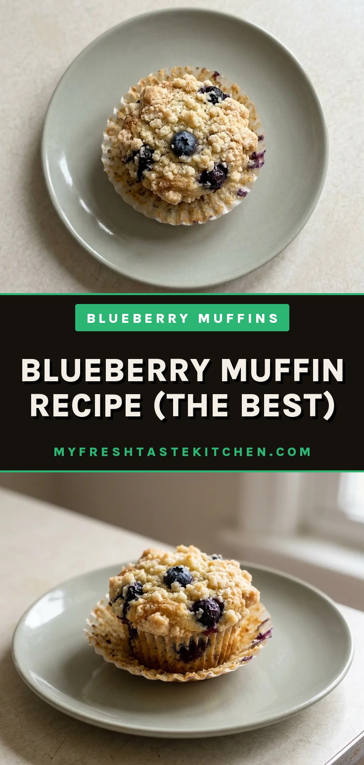 Bird's-eye view of a golden muffin with blueberries full through the top, sitting on a white plate.