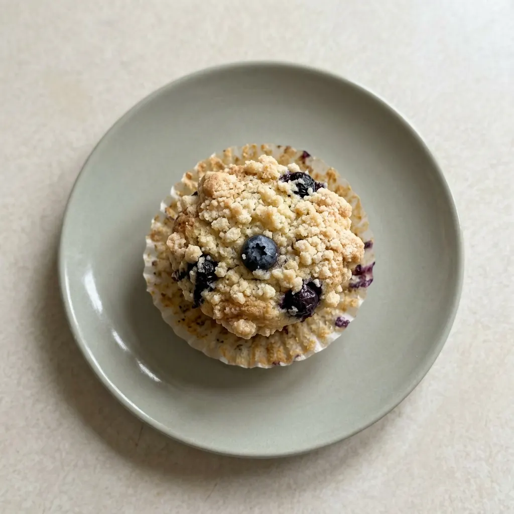Ready to serve: a single blueberry muffin on a white plate, its domed top studded with berries.