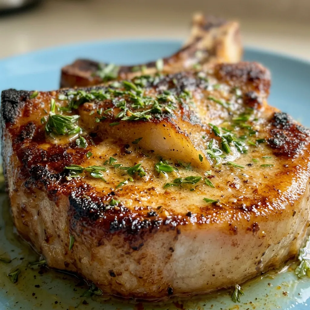 Zoomed in on a seared bone-in pork chop with visible garlic and onion powder, topped with fresh herbs.