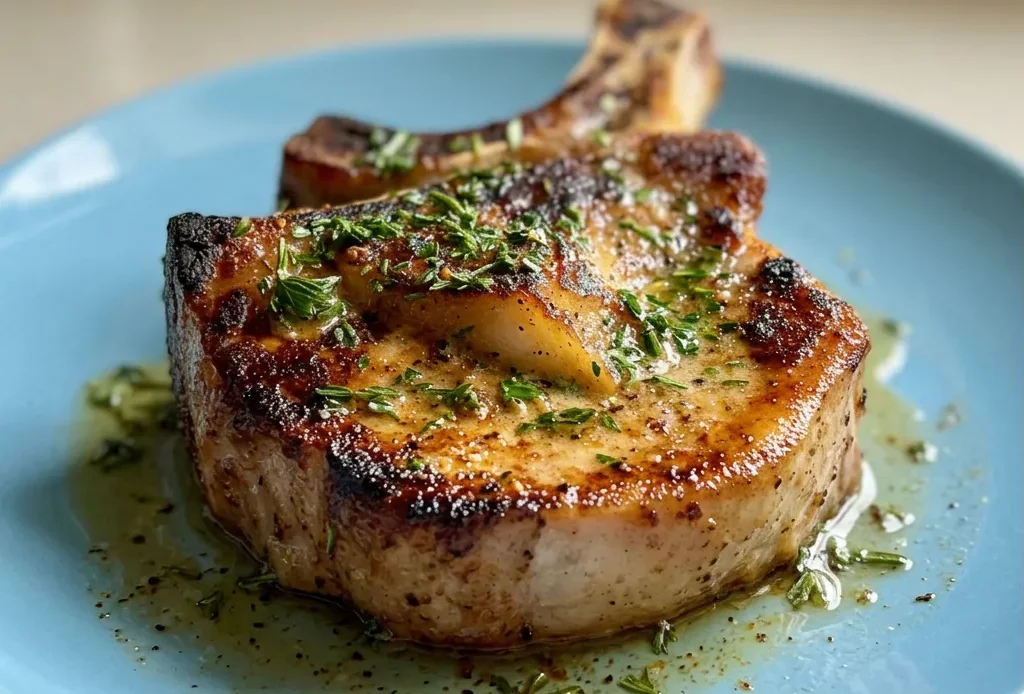 Bird's-eye view of two bone-in pork chops seasoned with paprika and black pepper, garnished with fresh herbs.