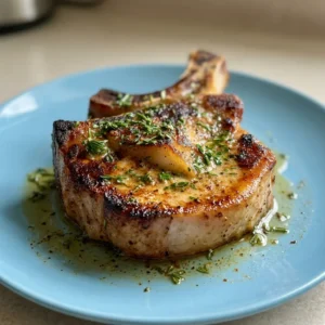 Bird's-eye view of two bone-in pork chops seasoned with paprika and black pepper, garnished with fresh herbs.