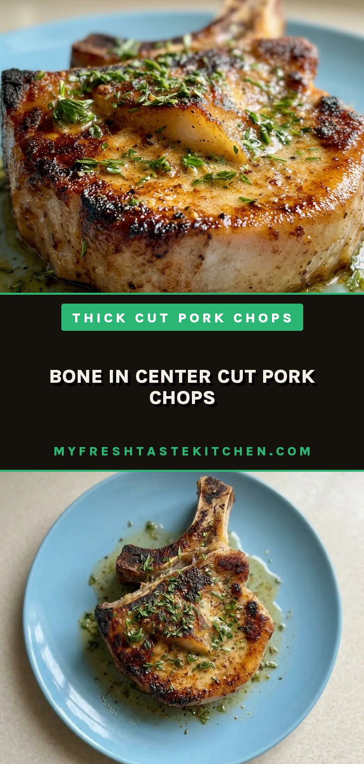 Bird's-eye view of two bone-in pork chops seasoned with paprika and black pepper, garnished with fresh herbs.