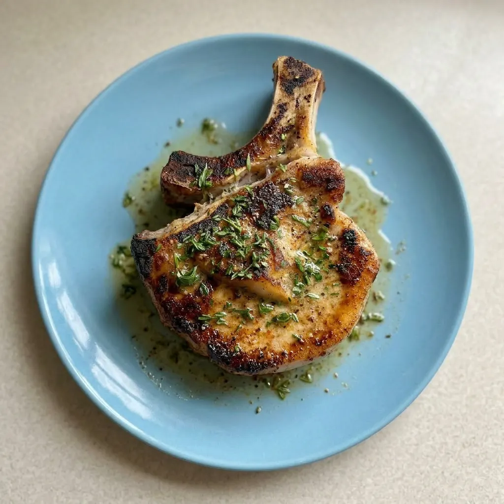 Ready to serve: bone-in pork chops with a crust of paprika and black pepper, finished with fresh herbs.