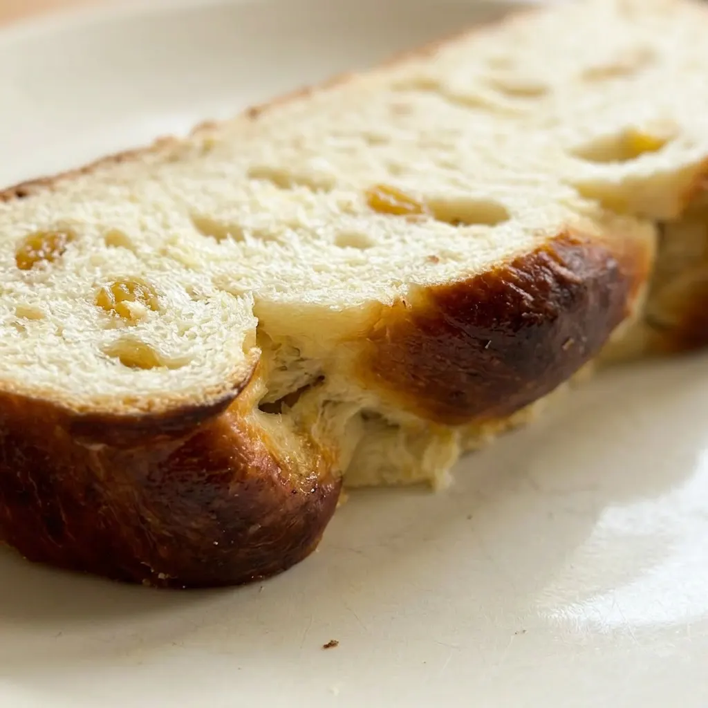 Zoomed in on a slice of braided bread showing golden raisins studded inside the soft crumb.