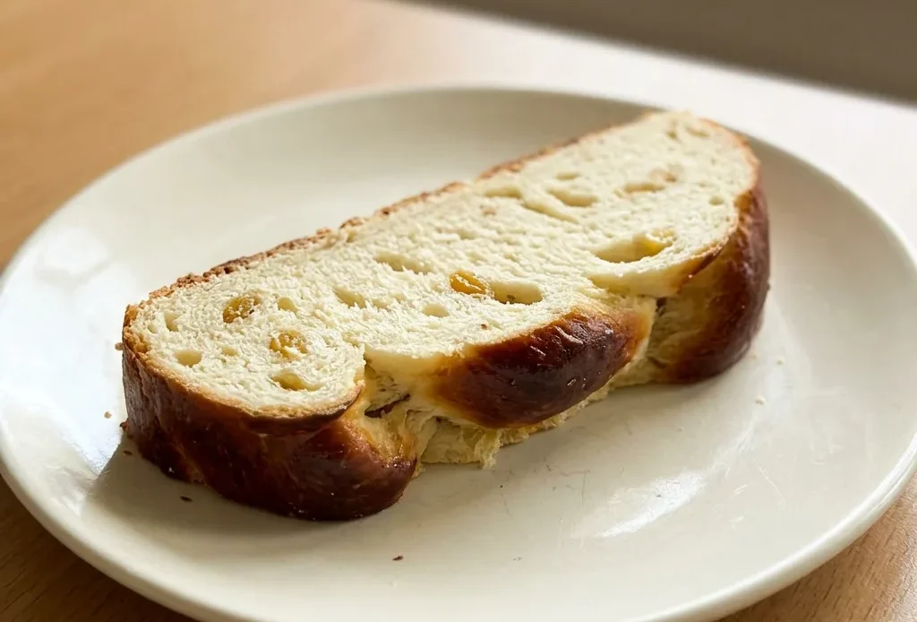 Bird's-eye view of a braided sweet bread loaf with golden raisins visible on the crust.