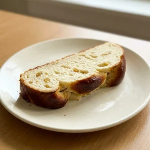 Bird's-eye view of a braided sweet bread loaf with golden raisins visible on the crust.