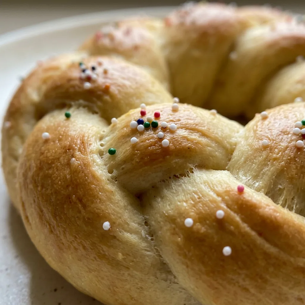 Zoomed in on a golden-brown braided wreath roll with visible egg white glaze and a soft, airy crumb.