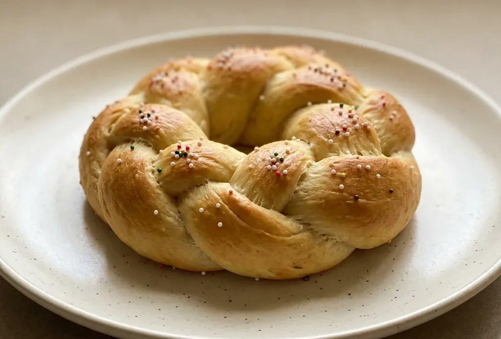 Bird's-eye view of a braided wreath roll with a glossy egg white sheen, arranged in a circular pattern.