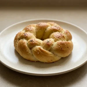 Bird's-eye view of a braided wreath roll with a glossy egg white sheen, arranged in a circular pattern.