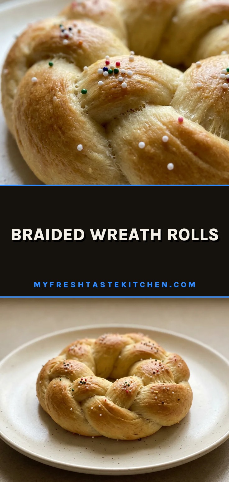 Bird's-eye view of a braided wreath roll with a glossy egg white sheen, arranged in a circular pattern.