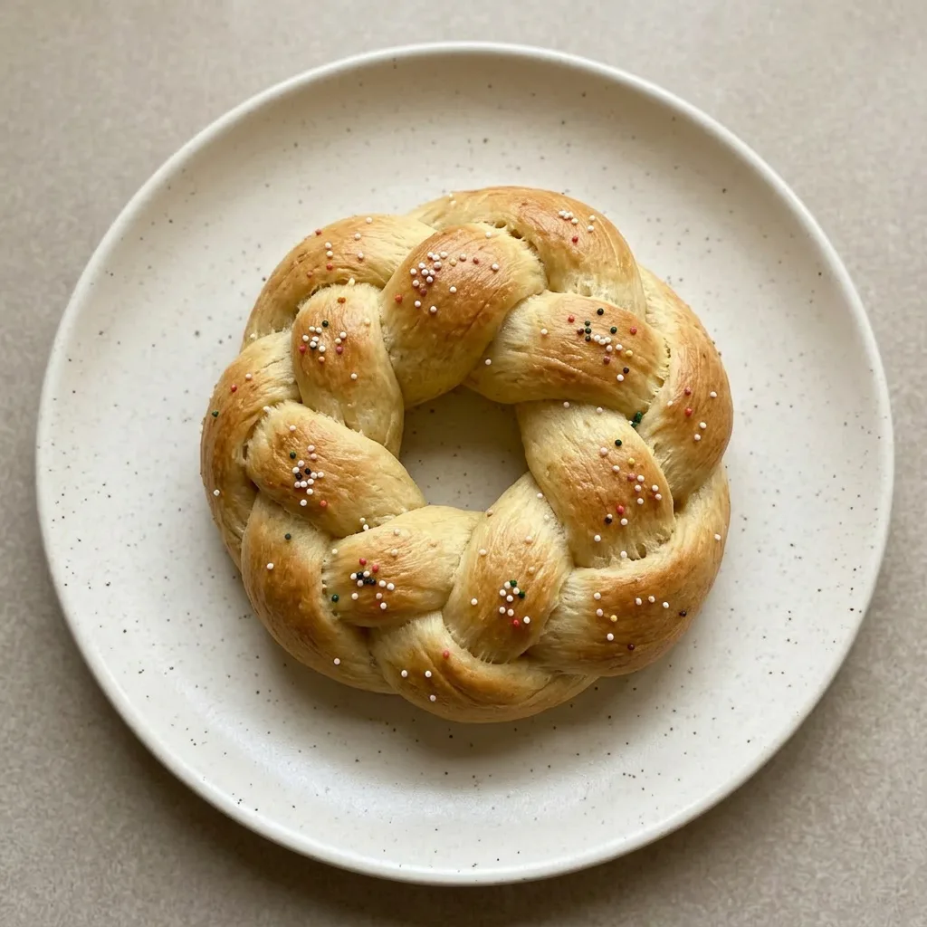 Ready to serve: a braided wreath roll with a glossy egg white finish, presented as a whole ring.