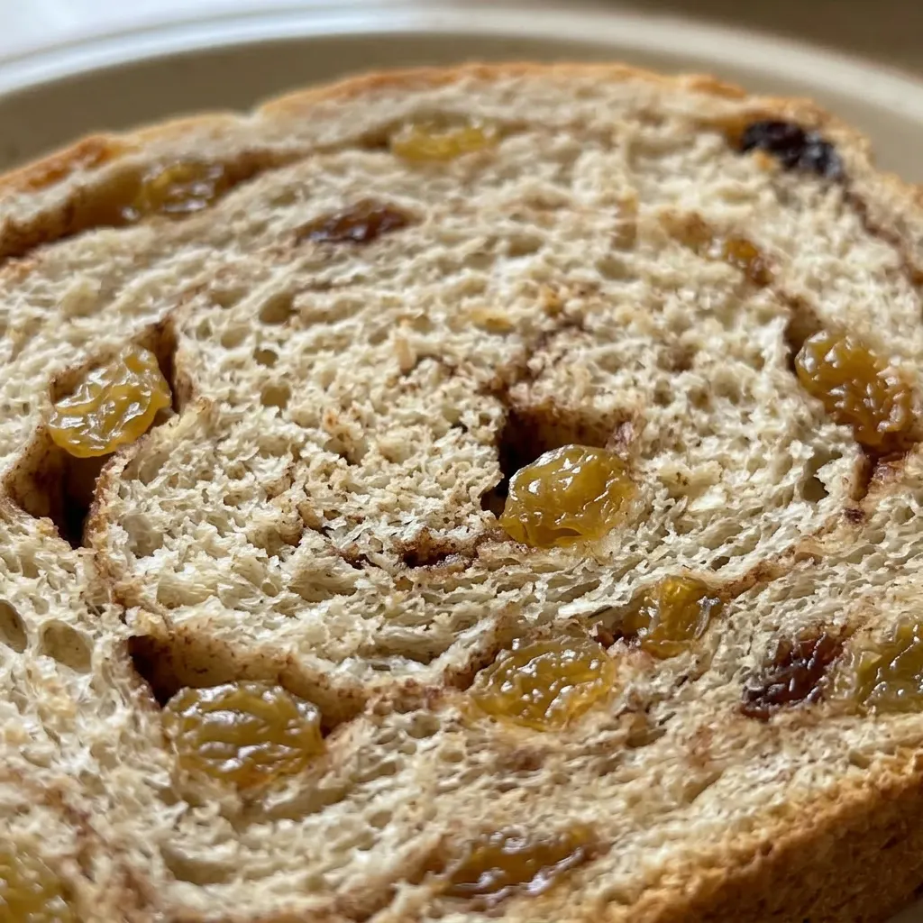 Close view of a slice of cinnamon raisin bread showing a spiral of cinnamon and brown sugar with golden raisins embedded in the crumb.
