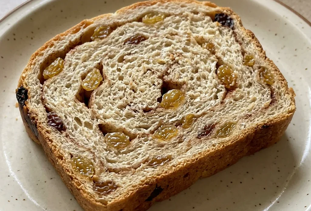 Overhead shot of a round loaf of cinnamon raisin bread with golden raisins and cinnamon swirl visible on the top crust.