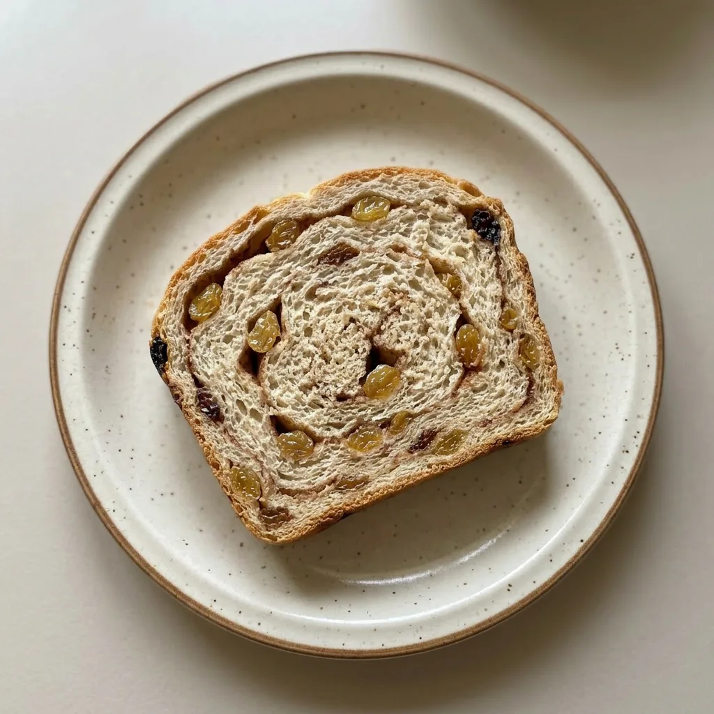 Plated slice of cinnamon raisin bread with a pat of butter melting on top, golden raisins and cinnamon visible in the bread.