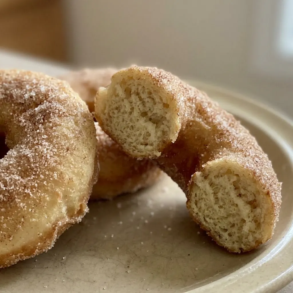 Zoomed in on a single donut with visible cinnamon sugar granules on the golden brown exterior.