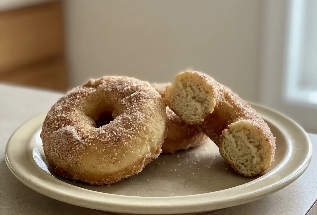 Bird's-eye view of three cinnamon sugar donuts on a dark surface, each coated in cinnamon sugar.