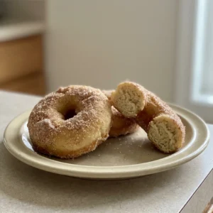 Bird's-eye view of three cinnamon sugar donuts on a dark surface, each coated in cinnamon sugar.