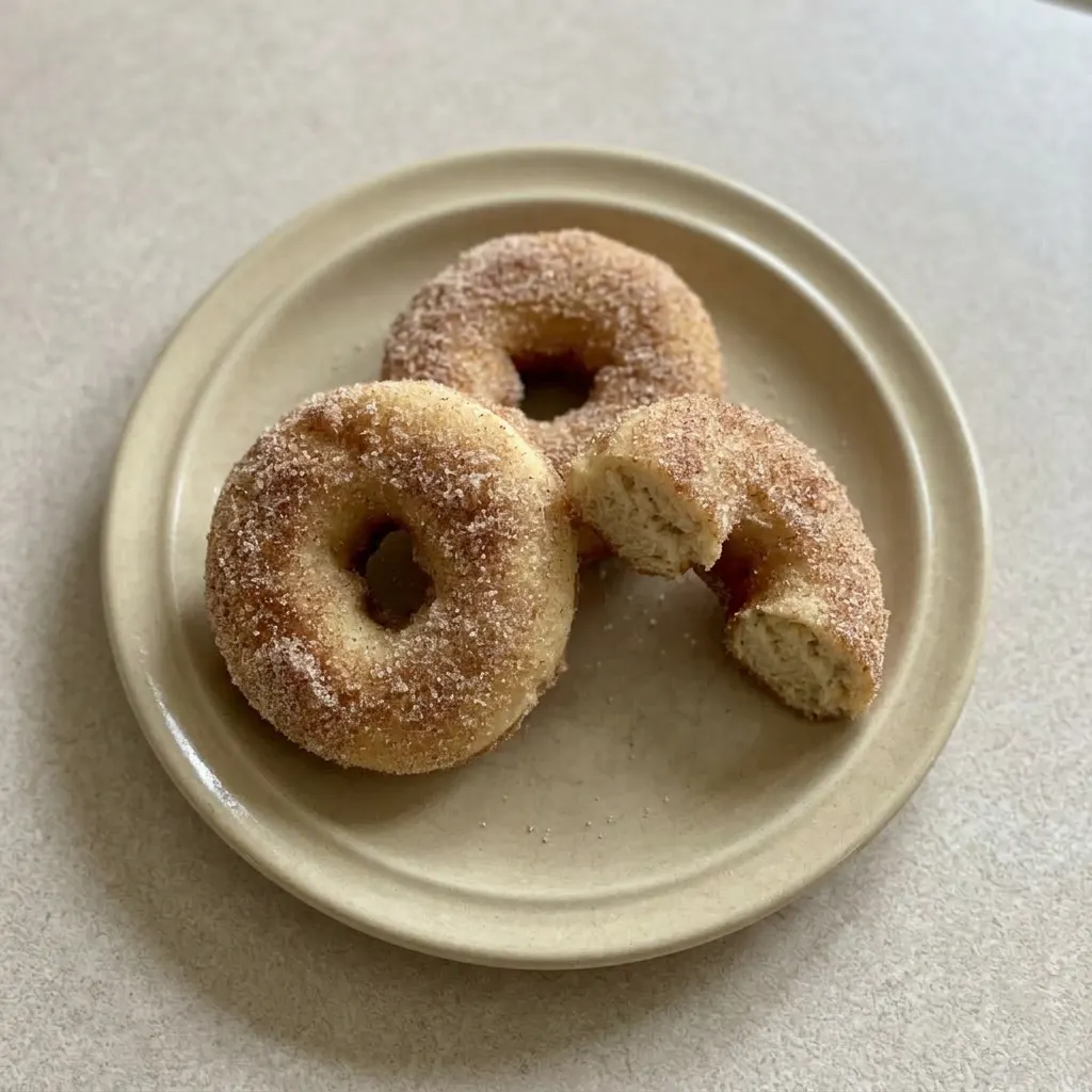 Ready to serve: a stack of cinnamon sugar donuts with butter glistening on the top one.