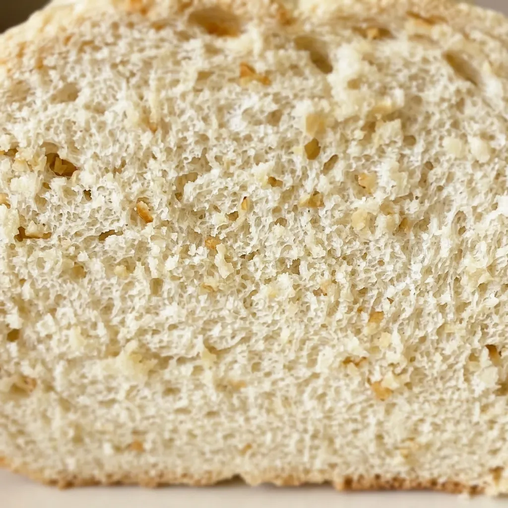 Zoomed in on a slice of garlic bread showing a golden-brown crust, soft interior, and minced garlic bits on top.