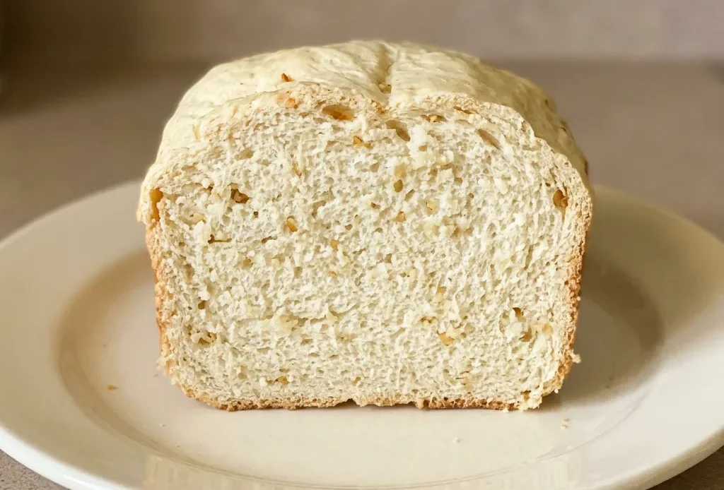 Bird's-eye view of a round loaf of garlic bread, sliced into wedges, with visible garlic pieces and olive oil sheen on the crust.