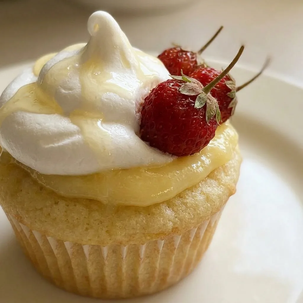 Zoomed in on a cupcake topped with vanilla frosting, a strawberry, chocolate curls, and a marshmallow.