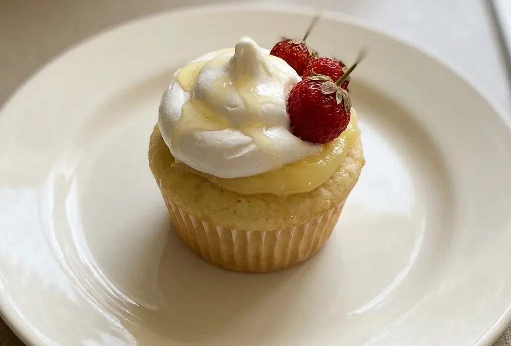 Bird's-eye view of three cupcakes with strawberry slices, chocolate drizzle, and lemon curd on a white stand.