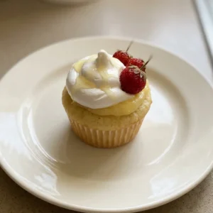 Bird's-eye view of three cupcakes with strawberry slices, chocolate drizzle, and lemon curd on a white stand.