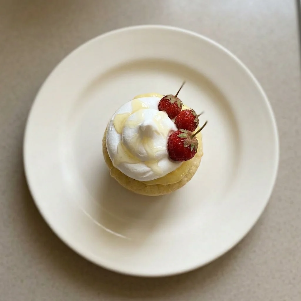 Ready to serve: a vanilla cupcake with lemon curd filling, strawberry, chocolate drizzle, and marshmallow.