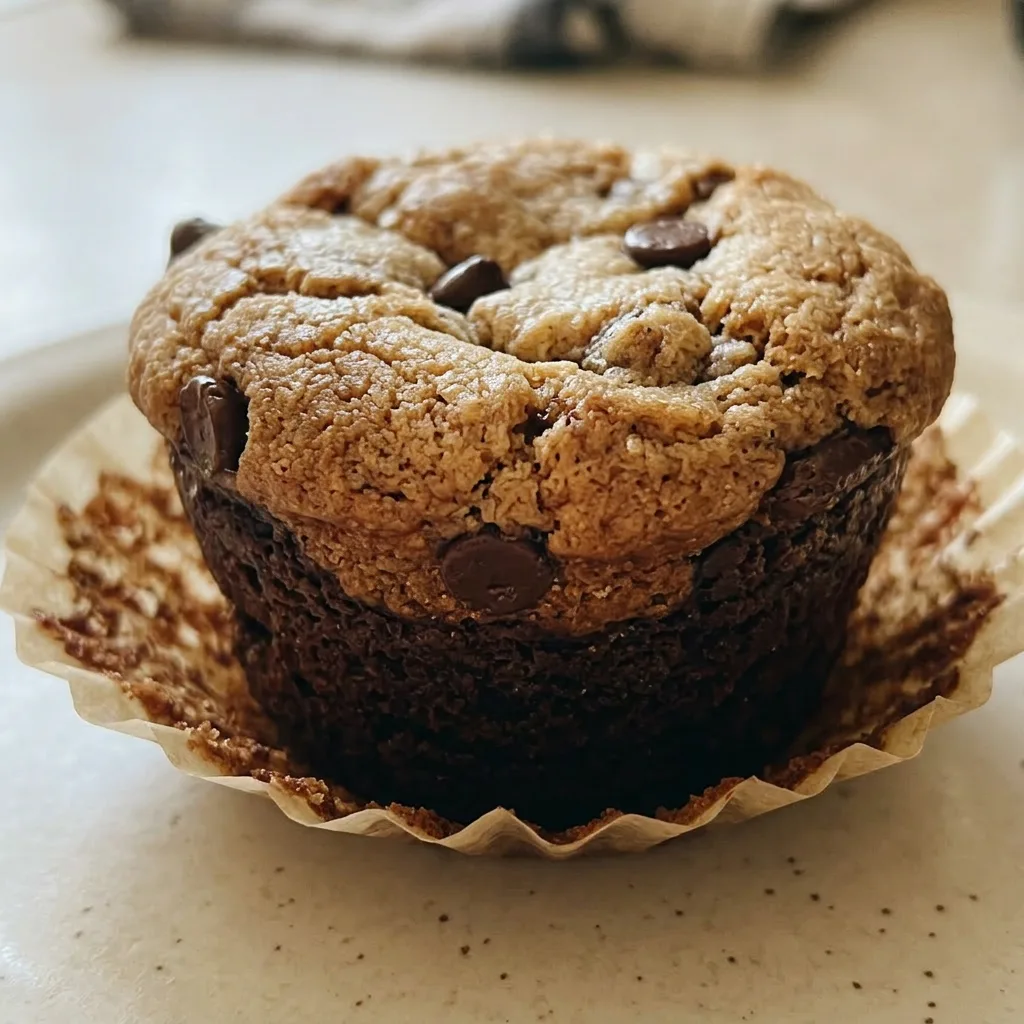 Macro detail of a Brookie Muffin showing a glossy brownie layer beneath a golden cookie dough cap with visible chocolate chips.