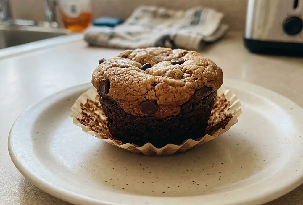 Top-down look at a round Brookie Muffin with a fudgy brownie base and a cookie dough top studded with chocolate chips.