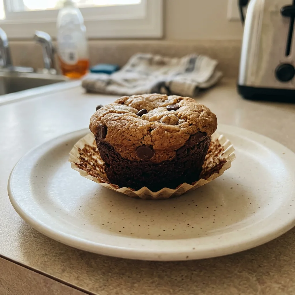 Top-down look at a round Brookie Muffin with a fudgy brownie base and a cookie dough top studded with chocolate chips.