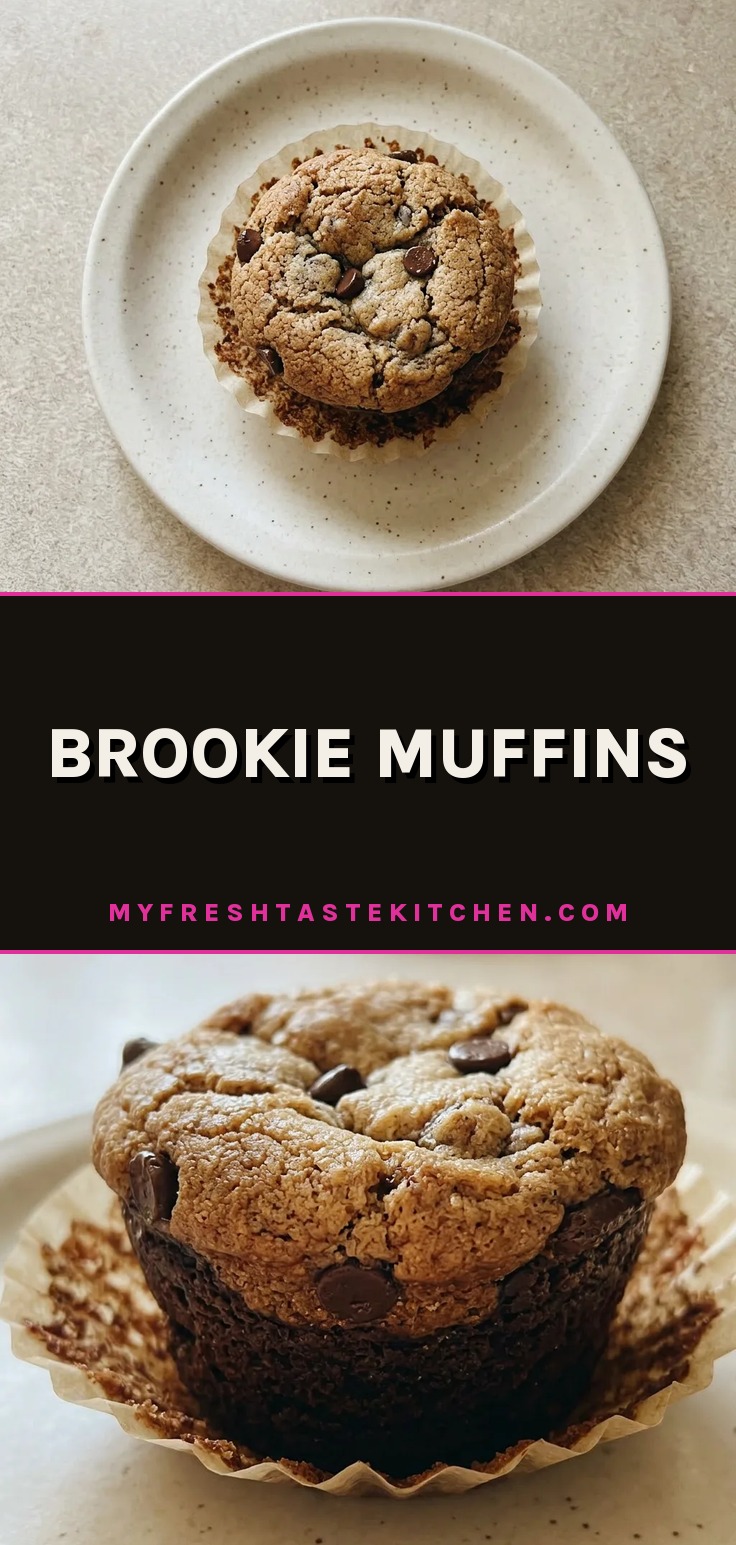 Top-down look at a round Brookie Muffin with a fudgy brownie base and a cookie dough top studded with chocolate chips.