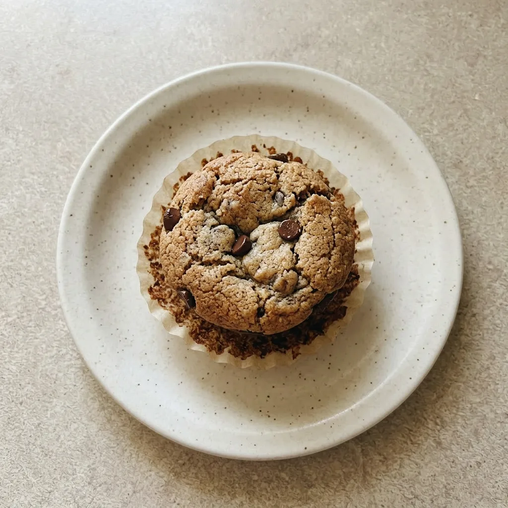 A serving of a Brookie Muffin with a dark brownie bottom and a light cookie dough top, dotted with chocolate chips.