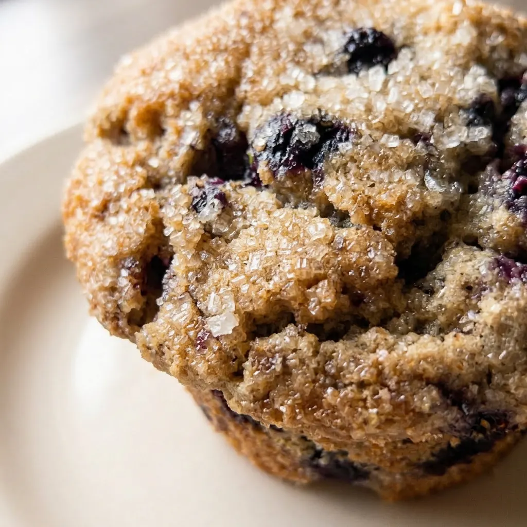 Zoomed in on a muffin with a golden-brown crust, studded with blueberries and scattered turbinado sugar, with a dollop of sour cream on the side.