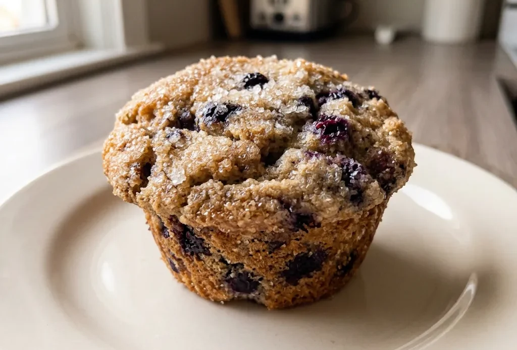 Bird's-eye view of a brown sugar blueberry muffin with a domed top and visible blueberries, topped with turbinado sugar crystals.