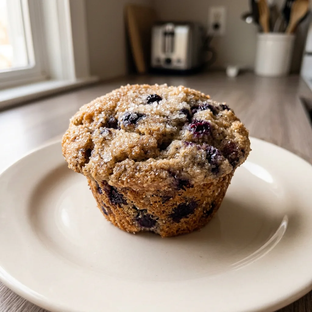 Bird's-eye view of a brown sugar blueberry muffin with a domed top and visible blueberries, topped with turbinado sugar crystals.