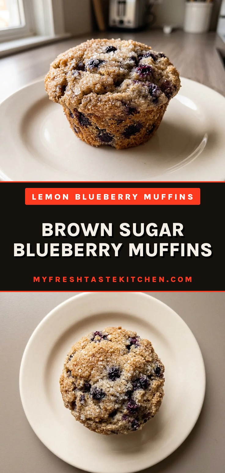Bird's-eye view of a brown sugar blueberry muffin with a domed top and visible blueberries, topped with turbinado sugar crystals.